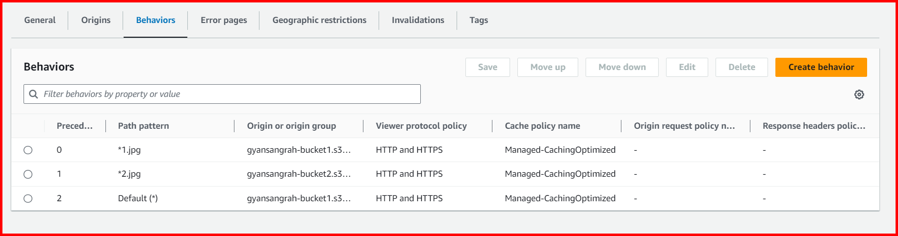 Picture showing both behaviors created in CloudFront